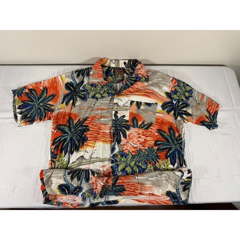 Vintage 90s Rayon Pineapple Connection Mens Tropical Sunset Palm Tree Hawaiian M